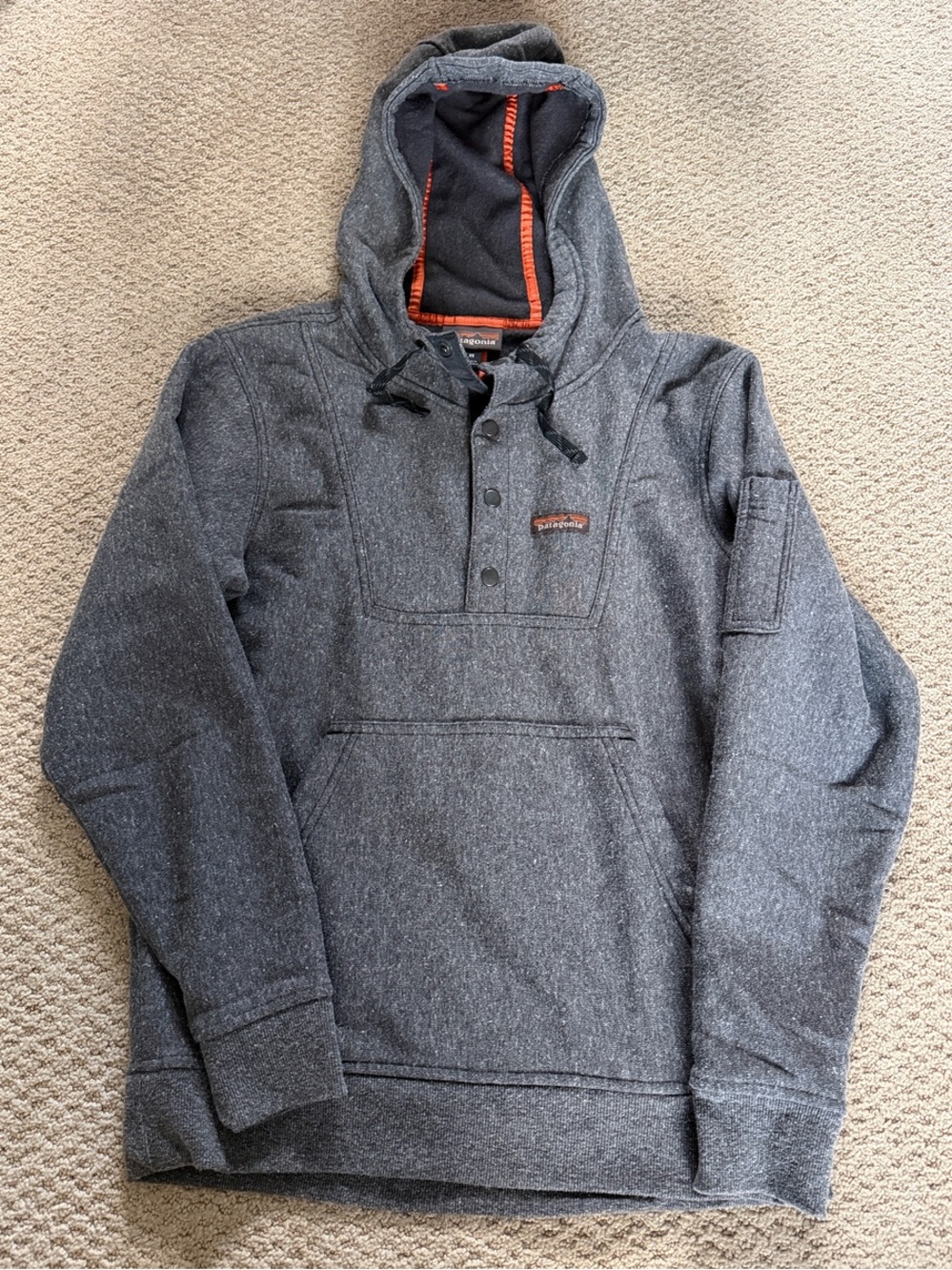 Men's Patagonia Charcoal Hooded Pullover Shirt Jacket with Orange Trim